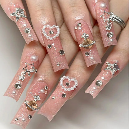 Aichashi 24Pcs Wearable False Nails Long Ballerina Press On Nails French Coffin Fake Nails tip with rhinestones Leopard Print Nail