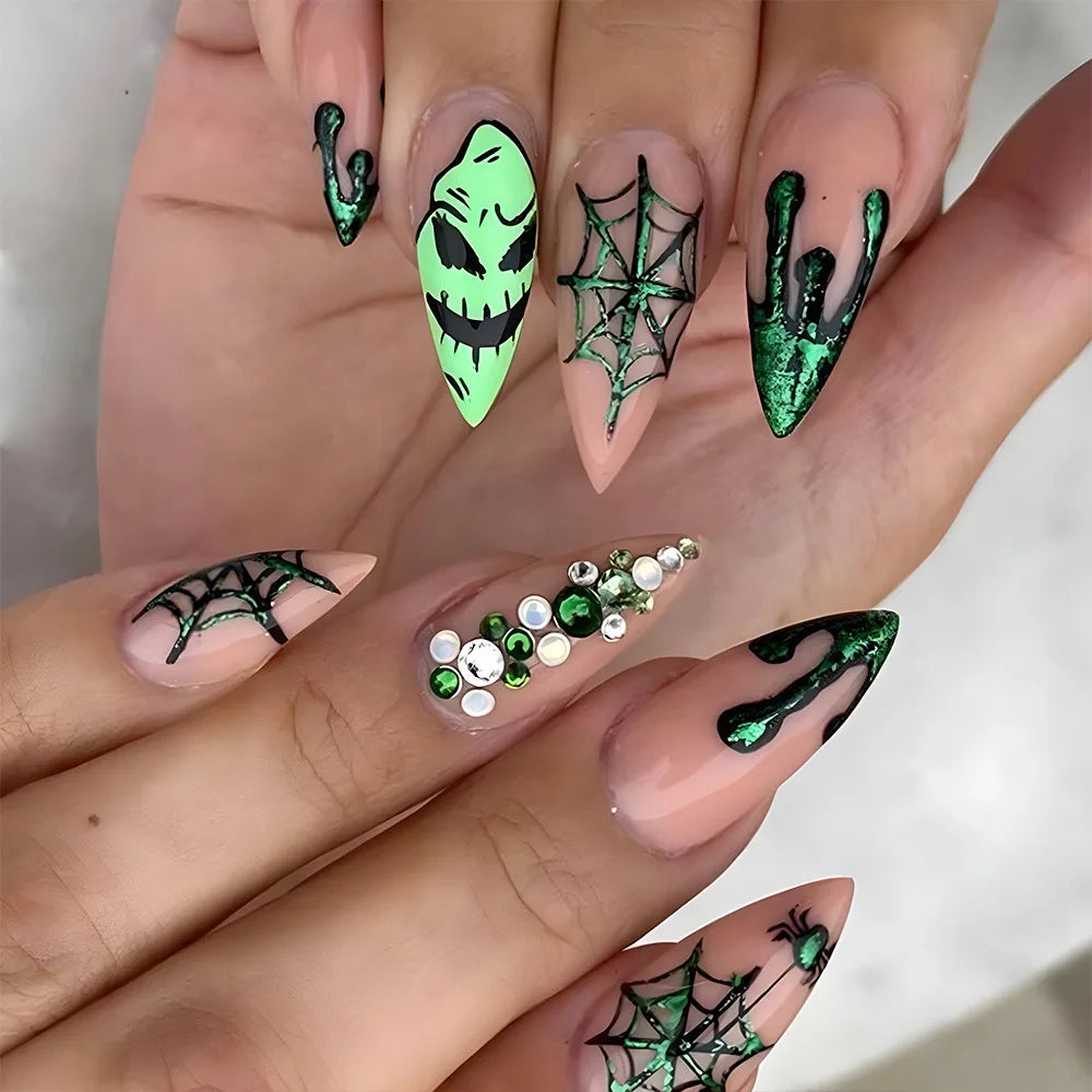 Aichashi New Halloween Fake Nails Patch Black Almond/Coffin Head Artificial Nail Tips Pumpkin Spider Ghost Printed Press on Nail for Girl