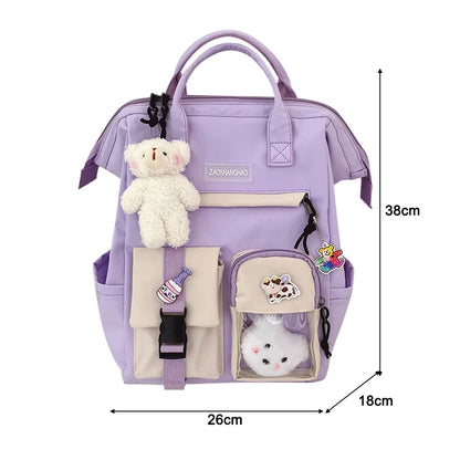 Aichashi Fashion Japanese Nylon Bookbags with Plush Pendant Summer New Student Kawaii Backpack Large Capacity Woman College Rucksack