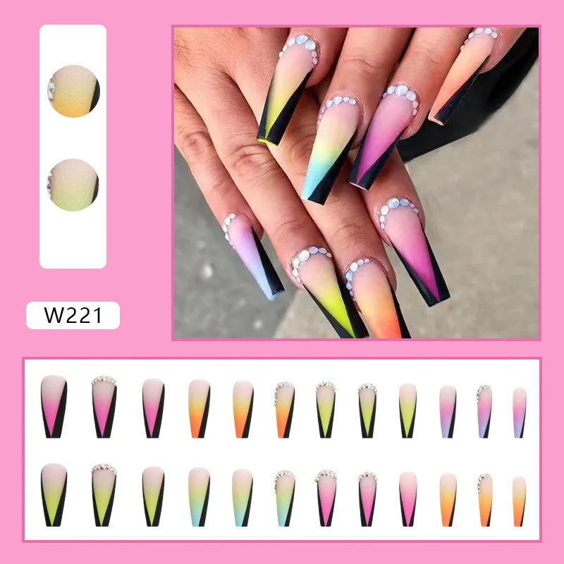 24pcs False Nails Nude Gradient Nail Patch Rhinestone Inlaid Press On Nails Removable Long Paragraph Fashion Manicure nail tips