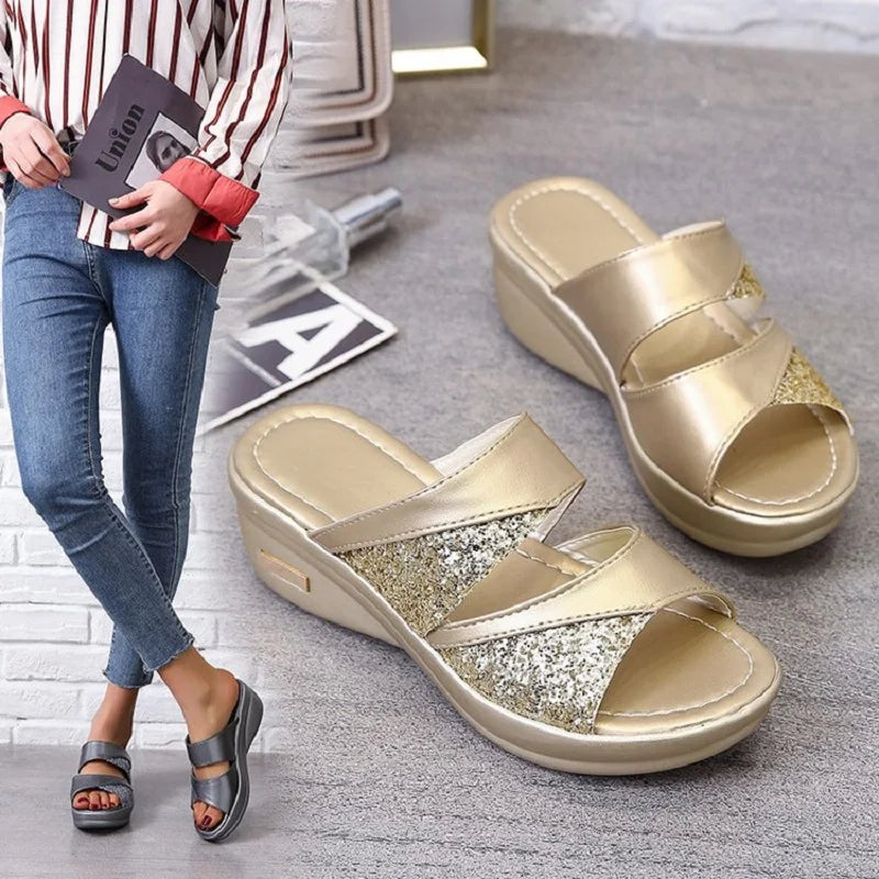 Aichashi new Women Summer Slippers Ladies Glitter PU Wedges Shoes Female Casual Slingbacks Sandals Comfortable Platform Woman