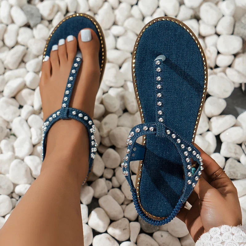 Aichashi Bohemian Style Blue Flat Sandals Women 2024 Summer Crystal Decor Clip Toe Gladiator Sandals Woman Plus Size 43 Beach Flip Flops