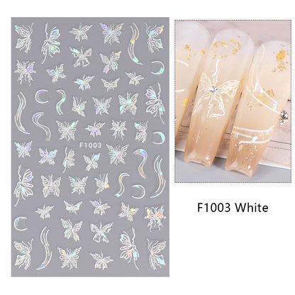 Aichashi 1PCS Black White Butterfly Laser Nail Stickers Y2K Nail Art Decoration Abstract Lines Bronzing Flowers Stickers For Nails