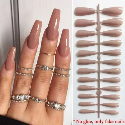 Aichashi Fashion Simple Brown Nude French Long Square Fake Nails Detachable Full Cover Finished False Nails Press on Nails with Glue