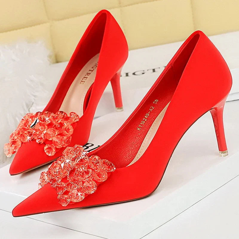 aichashi  -  Shoes Gemstone Bowknot Women Pumps Silks Satins High Heels Sexy Party Shoes Fashion Stilettos Wedding Shoes Stilettos