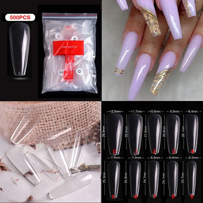 500pcs/bag Long Ballerina Nails Clear Natural Coffin False Nails Art Tips Ultra Flexible Fake Nails Full Cover Designs Manicure