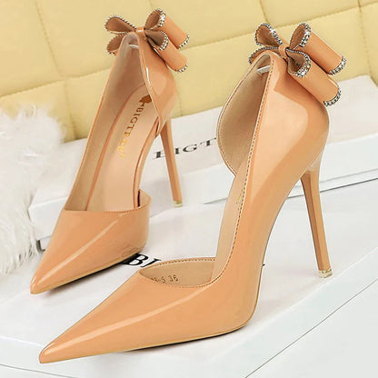 aichashi  -   New Patent Leather High Heels Rear Rhinestone Bowknot Women Pumps Spring Pointed Side Hollow Ladies Stilettos Heels Shoes