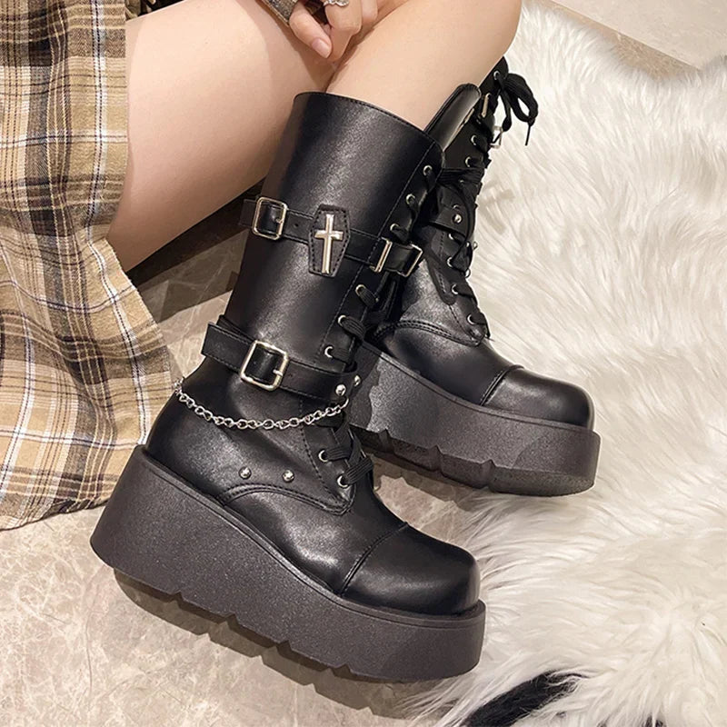 Aichashi New Chunky Platform Punk Style Boots Women Zip Thick Sole Motorcycle Booties Fashion Metal Decor Street Shot Knight Boots