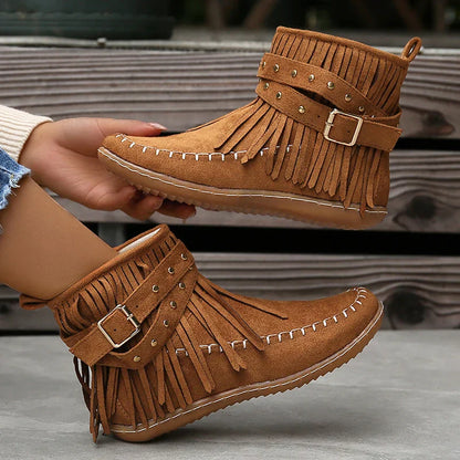 Aichashi Bohemian Style Tassels Ankle Boots Women Retro Faux Suede Buckle Strap Short Boots Woman Plus Size 43 Flat Heels Western Botas