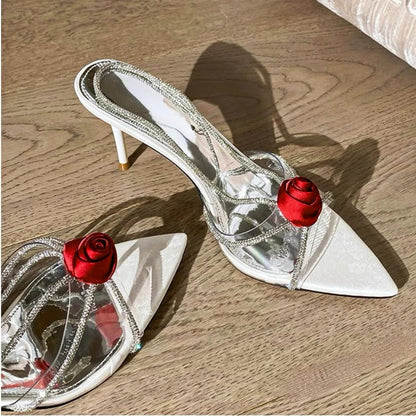 aichashi  -  Flower Designer High Heels Brand Slingback Pumps Woman Sexy Party Dress Transparent Crystal Luxury Rose Flowers Sandals Female