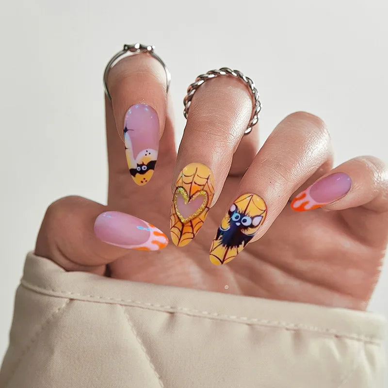 Aichashi New Halloween Fake Nails Patch Black Almond/Coffin Head Artificial Nail Tips Pumpkin Spider Ghost Printed Press on Nail for Girl