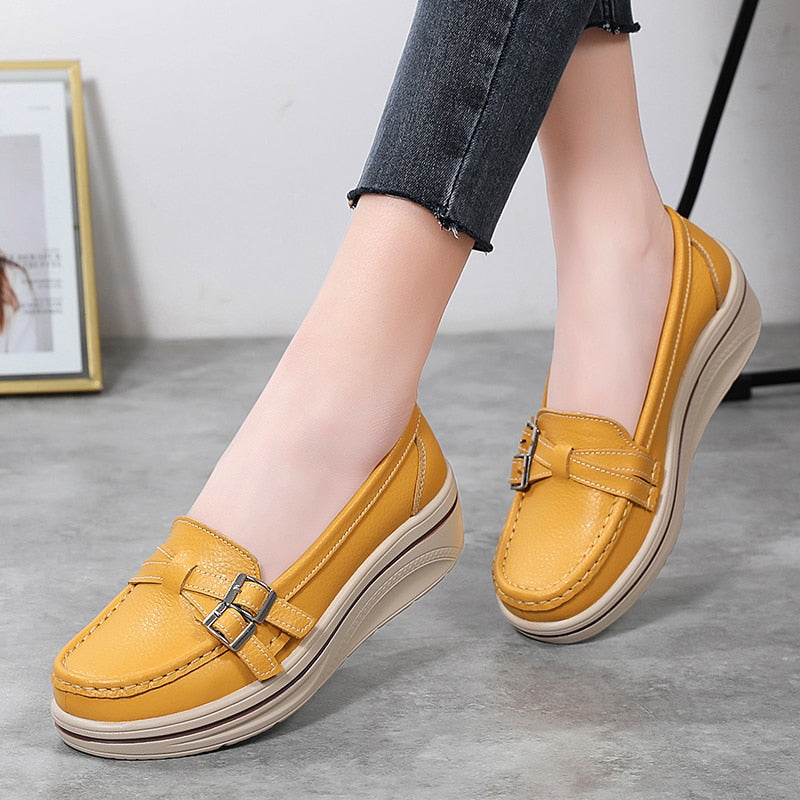 Aichashi New Spring Autumn Women Flats Platform Loafers Ladies Leather Comfort Wedge Moccasins Orthopedic Slip On Casual Shoes 35-42