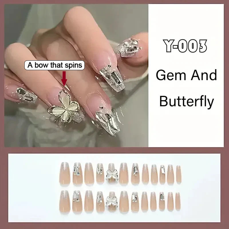 24PCS Ballerina Long Square Nail Tips False Nails Wearable Fake Nails Butterfly INS French Pearl Design Press on Nails for Woman