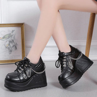 Aichashi Metal Chain Punk Gothic Shoes Woman Thick Bottom High Wedge Sneakers for Women New Black Chunky Platform Y2K Uniform Shoes