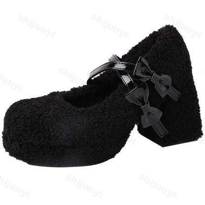 aichashi  -  Platform Lambs Wool Mary Jane Shoes for Woman Fashion Bowknot Fur Thick Sole Pumps Ladies Winter Warm Plush Dress High Heels