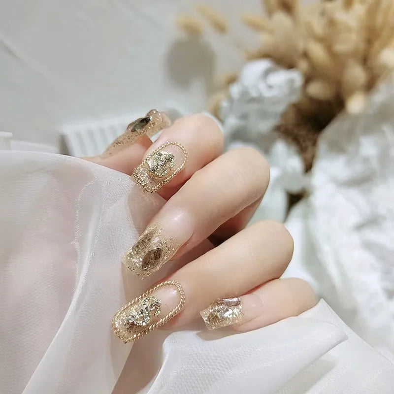 24Pcs Luxury Fake nail tips Women Wearable Press on Nails with Gold Glitter Diamond Full Cover Coffin Artificial Nails Tips