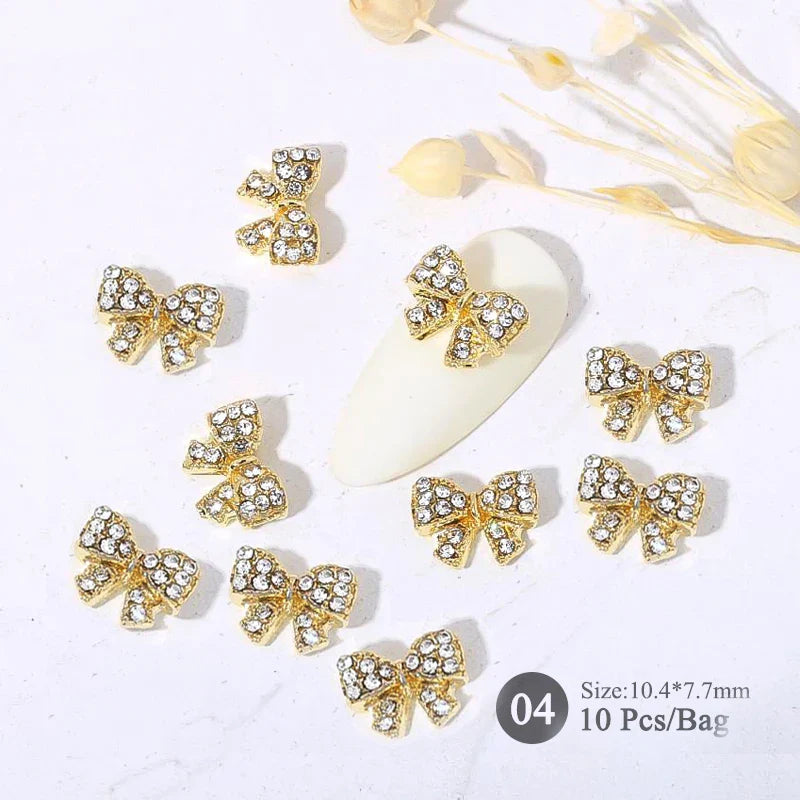 Aichashi 10pcs/bag Butterfly Shaped Nail Rhinestone Star Flower Nail Charm Silver Gold Alloy Nail Pearl Jewelry Accessories Nail Supplies