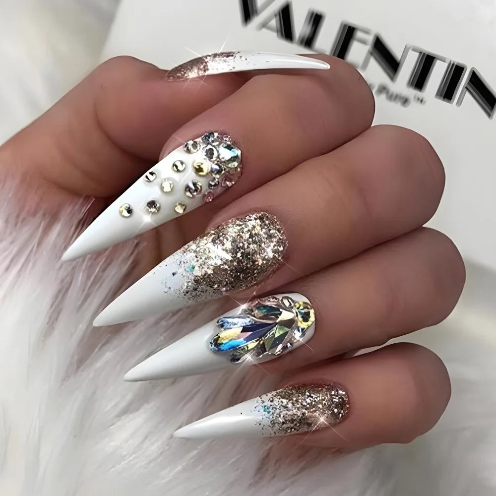 24Pcs Frosting False Nail almond with Golden Glitter Designs French Rhinestone Manicure Stiletto Fake Nails Set Press on Nails