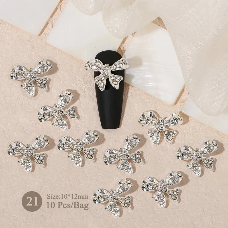 Aichashi 10pcs/bag Butterfly Shaped Nail Rhinestone Star Flower Nail Charm Silver Gold Alloy Nail Pearl Jewelry Accessories Nail Supplies