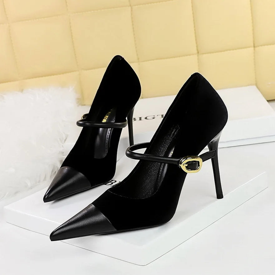 aichashi  -  Pointed Toe Velour Stiletto Heel Women Designer Party Dress Shoes Metal Buckle Splicing Elegant Heels Office Women Shoes Pumps