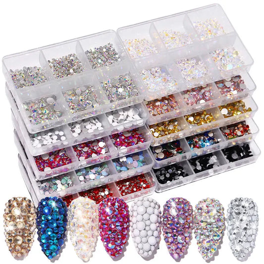 6 Grids/Box AB Flat Rhinestones For Nails Mixed Color Champagne Diamond Kit Nail Art Decoration DIY Manicure Design Tools