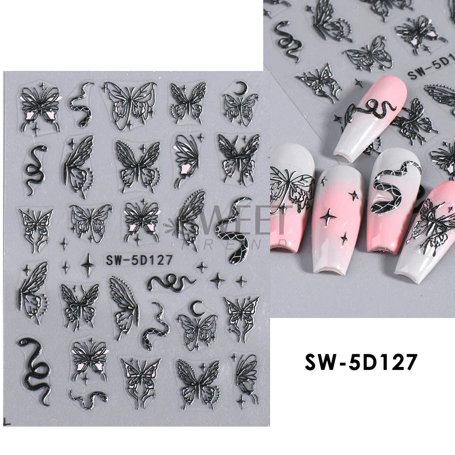 Aichashi 5D Embossed Filigree Stickers Nail Design Brown White Lace Necklace Adhesive Nail Decals Star Moon Carved Decor Sliders SASW-5D