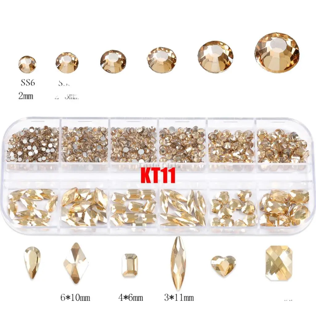 Aichashi 12 Grids Sparkle Translucent Colorful Mix Shapes Flatback Glass Diamonds Nail Art Rhinestones Jewel Decorations Manicure Charms