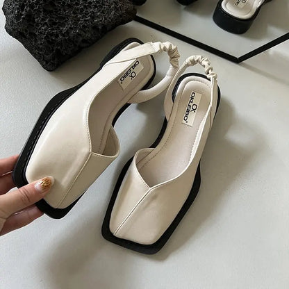 Aichashi New Summer Elegant Ladies Sandals 2024 Fashion Ladies Elastic Band Flat Heel Women Shallow Party Shoes Square Heel Square Toe