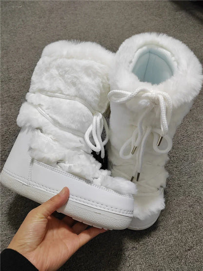 aichashi  -  Winter Snow Boots Women White Fur Boots Woman Luxury Thick Fluffy Furry Faux Rabbit Fur Lace-up Waterproof Warm Ski Boots