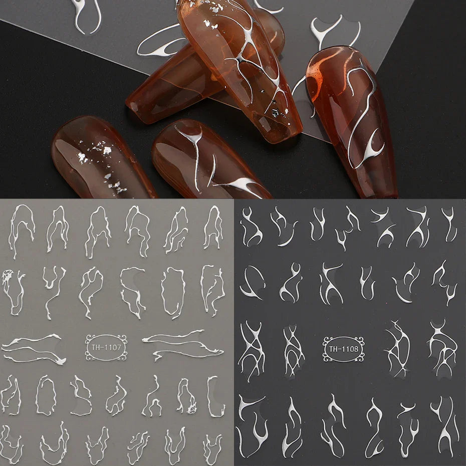 3D Metalic Line Nail Stickers Sliver Thorns Vine Curve Stripe Lines Tape Swirl Sliders Manicure Adhesive Nail Art Decals