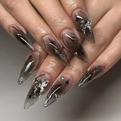 24pcs almond stiletto silver glitter black french press on acrylic nails ballet long false nails with sweet cool y2k designs