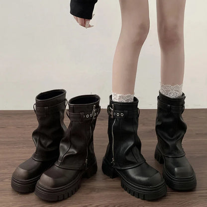 aichashi -  Winter Women Biker Boots Fashion Belt Buckle Ladies Elegant Platform Flats Short Booties Casual Women's Knight Booties