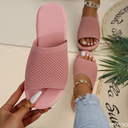 Aichashi New Summer Flying Woven Flat Non-slip Casual Breathable Outdoor Beach Comfortable Women's Slippers or Indoor Home Shoes