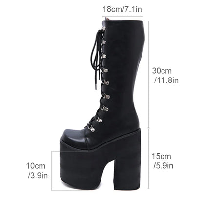 Aichashi Large Size 43 Thick Platform Extreme High Heels Cool Motorcycles Boots Punk Style Shoelaces Knee High Boots Winter