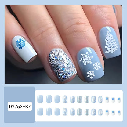 24 Pcs Glossy Short Squoval Press On Nails Blue And White Christmas Glitter Fake Nails Snow Pattern Reusable False Nails