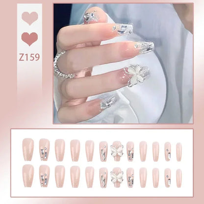 24PCS 3D Rotatable Butterfly Fake Nails Rhinestone Press On Nails Medium Pink Glitter False Nail Glossy Big Butterfly Fake Nails