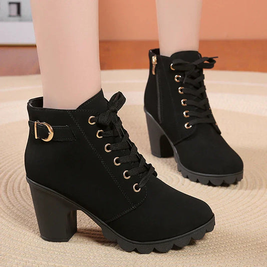 Aichashi Fashion Black Chunky Heeled Women's Ankle Boots Autumn Metal Decor High Heels Shoes Woman Lace Up Platform Booties Big Size