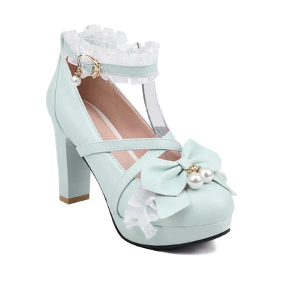 aichashi  -  Sweet Cross Ankle Strap Women High Heels Mary Janes Pumps Party Wedding Cosplay Pink Bowtie Princess Lolita Shoes Big Size 33 45