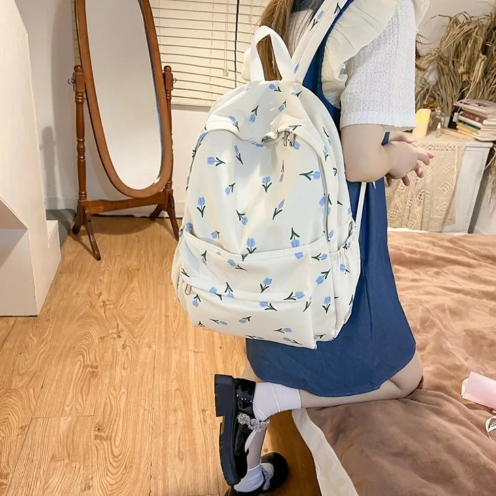 aichashi Tulip Floral Women Backpack Fashion Nylon Waterproof School Bag Large Capacity Travel Rucksack Students