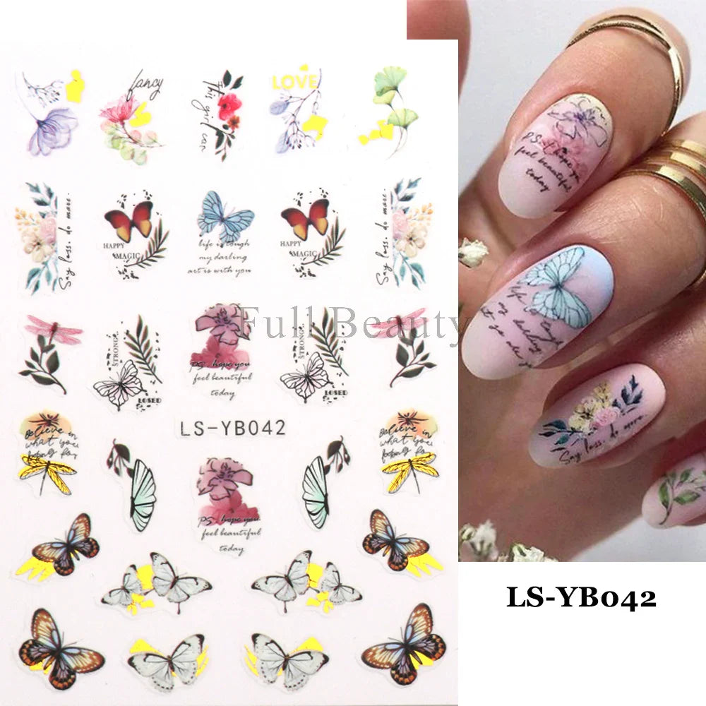 Aichashi 5D Embossed Nail Stickers Flowers Bird Geometric Lines Gold Frame Floral Nail Decals Cherry Blossom Y2K Manicure Decor