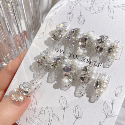 Aichashi Ins Large Crystal False Nails 3D Rhinestone Pearl Decor Bridal Fake Nail Patch Shiny Korean Wedding Artificial Nail Art Tips