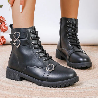 Aichashi Black PU Leather Ankle Boots for Women 2024 Autumn Fashion Lace Up Size Zipper Short Boots Woman Metal Decor Low Heels Booties