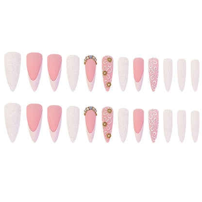 24 Pcs Long Stiletto Press On Nails Pink French Style Glitter Fake Nails With Rhinestone Shiny Artificial Reusable False Nails