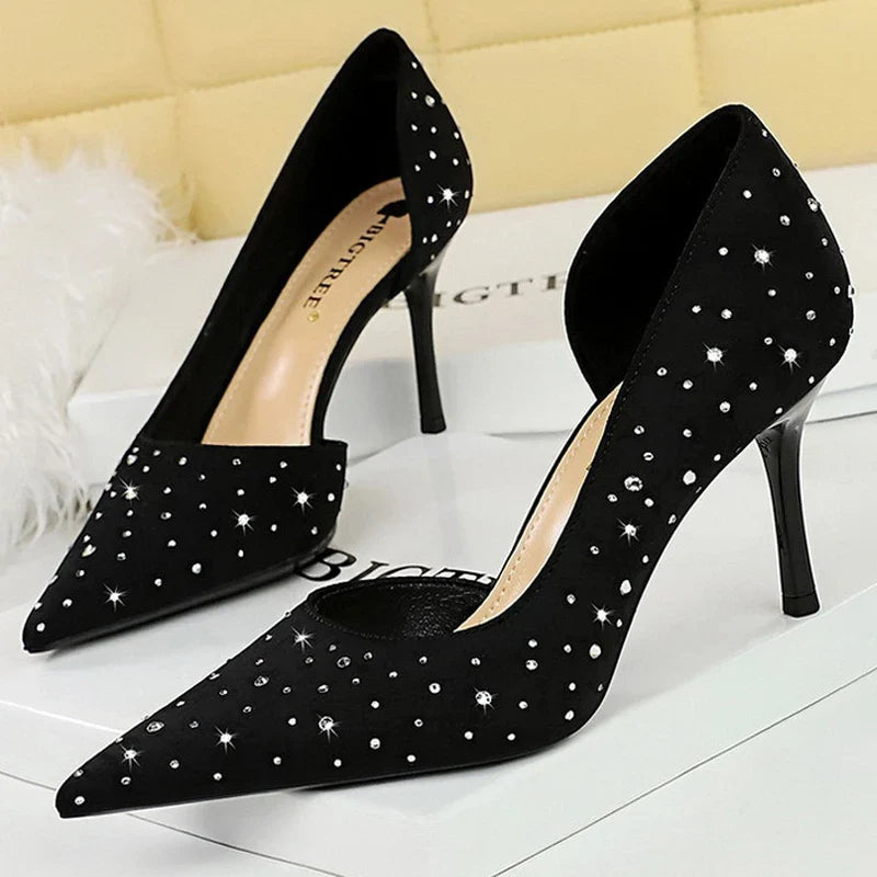 aichashi  -  Shoes Rhinestone Design Kitten Heels Women 8 Cm Pumps Silk Satin Luxury High Heels Stilettos Banquet Shoes Plus Size 43