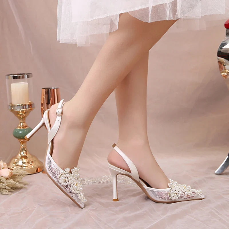 aichashi  -  Sexy Lace Thin Heels Sandals Women Elegant Pearl High Heels Pumps Woman Summer Pointed Toe Bling Crytsal Party Shoes