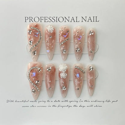 Aichashi 10Pcs Handmade Nails Set Press on Long Almond False Nail with Rhinestone Pink Camellia Design Reusable Full Cover Fake Nail Tips