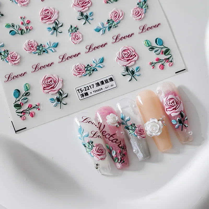 Aichashi Acrylic Engraved Nail Sticker Big Pink Flowers Green leaf Self-Adhesive Nail Transfer Sliders Wraps Manicures Foils