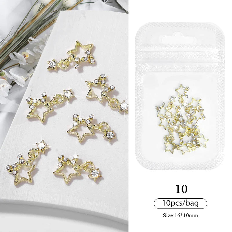 Aichashi 10pcs/bag Butterfly Shaped Nail Rhinestone Star Flower Nail Charm Silver Gold Alloy Nail Pearl Jewelry Accessories Nail Supplies