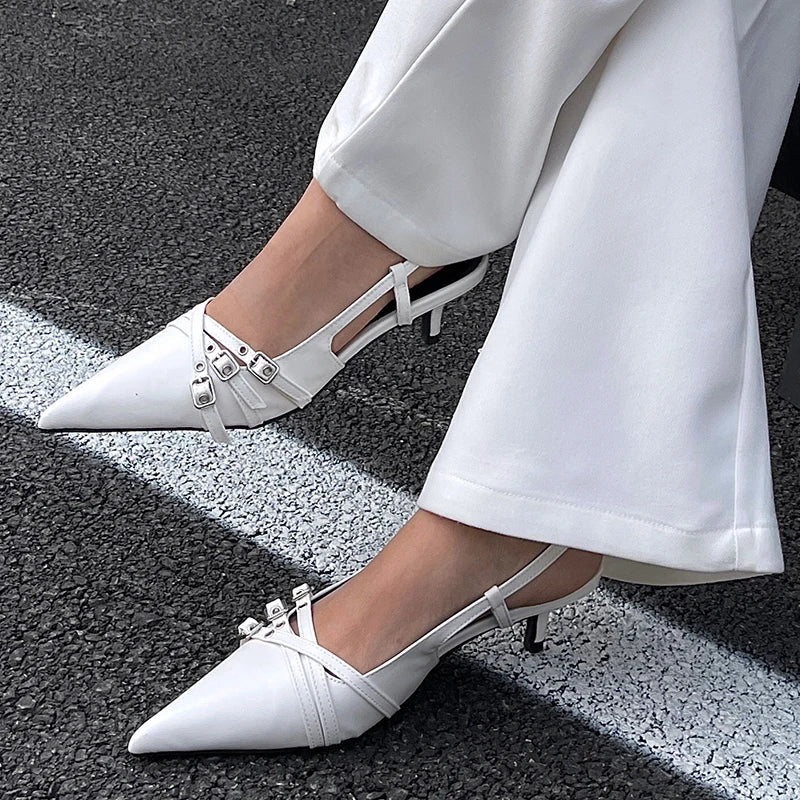 aichashi  -  Female Shallow Footwear New In  Ladies Medium Heels Shoes Slingbacks Fashion Metal Buckle Pumps Elegant Women Heeled Shoes