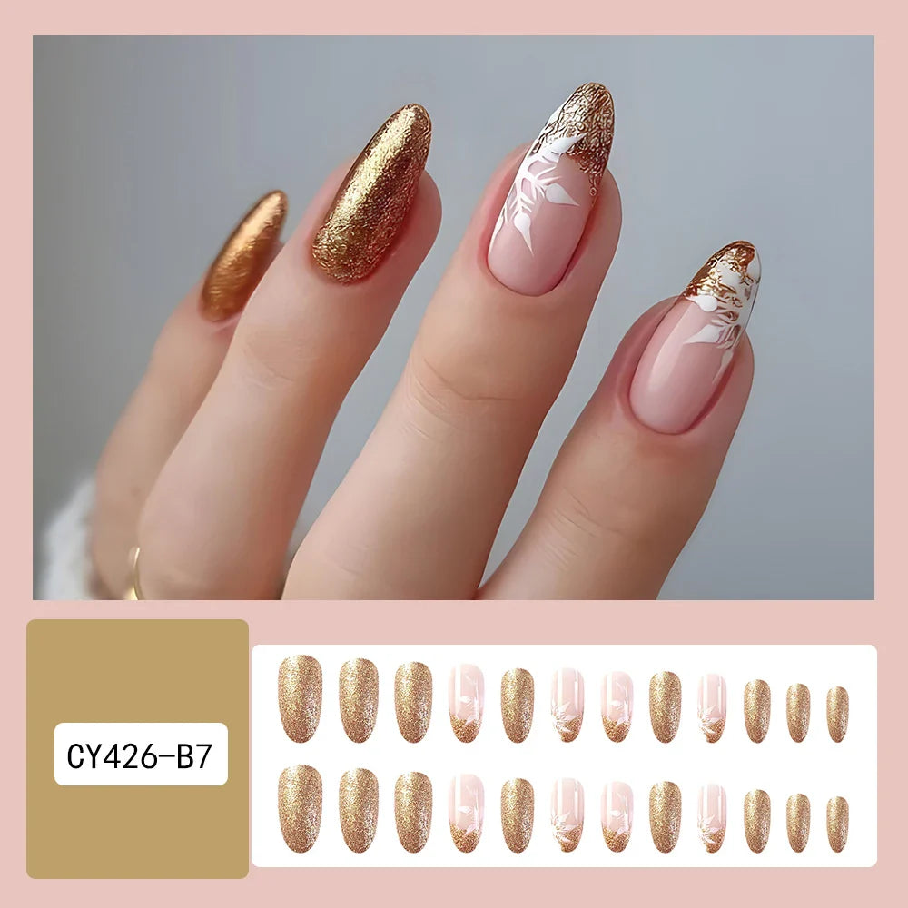 24 Pcs Long Oval Christmas Press On Nails Pink French Style Glitter Fake Nails Artificial Finger Manicure Reusable False Nails